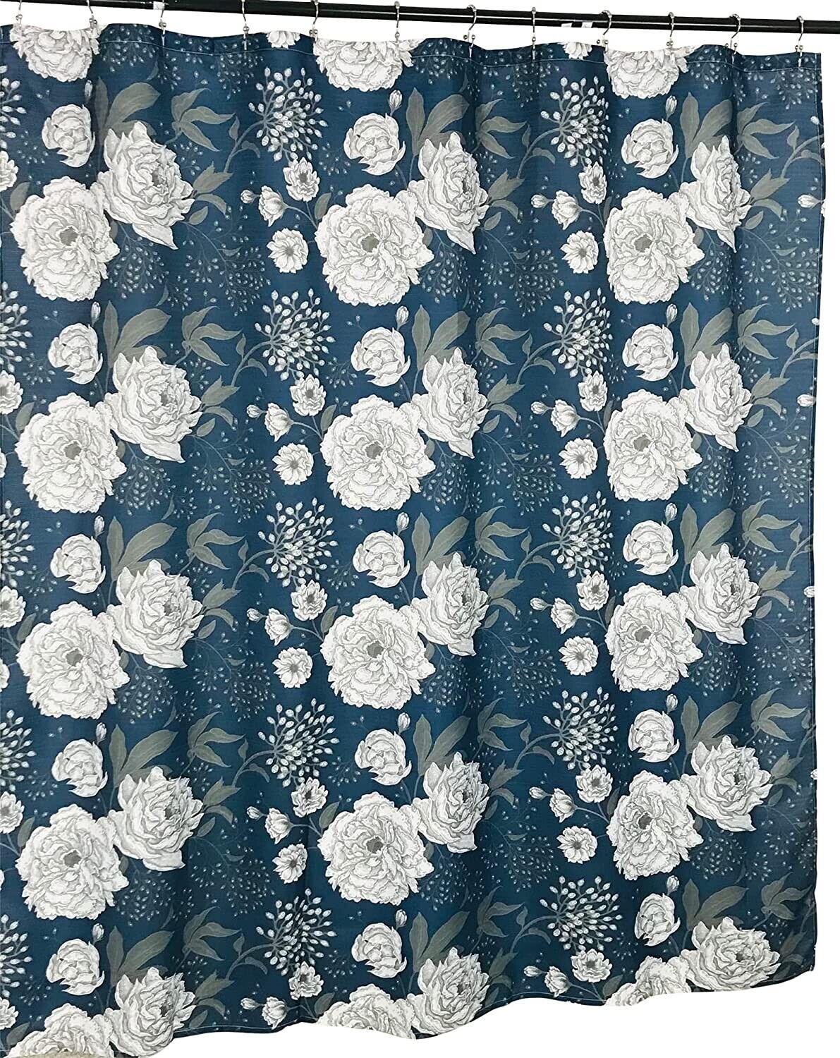 Dark Blue Floral Sketch Print Shower Curtain With Berries And Leaves For A Classic Bathroom Style