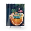 Dark Blue Lake House Flamingo Scene Shower Curtain For A Tranquil Bathroom
