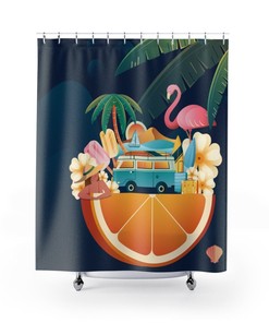 Dark Blue Lake House Flamingo Scene Shower Curtain For A Tranquil Bathroom