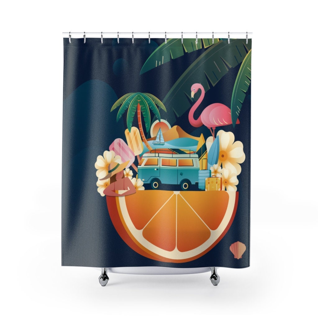 Dark Blue Lake House Flamingo Scene Shower Curtain For A Tranquil Bathroom