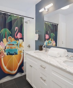 Dark Blue Lake House Flamingo Scene Shower Curtain For A Tranquil Bathroom