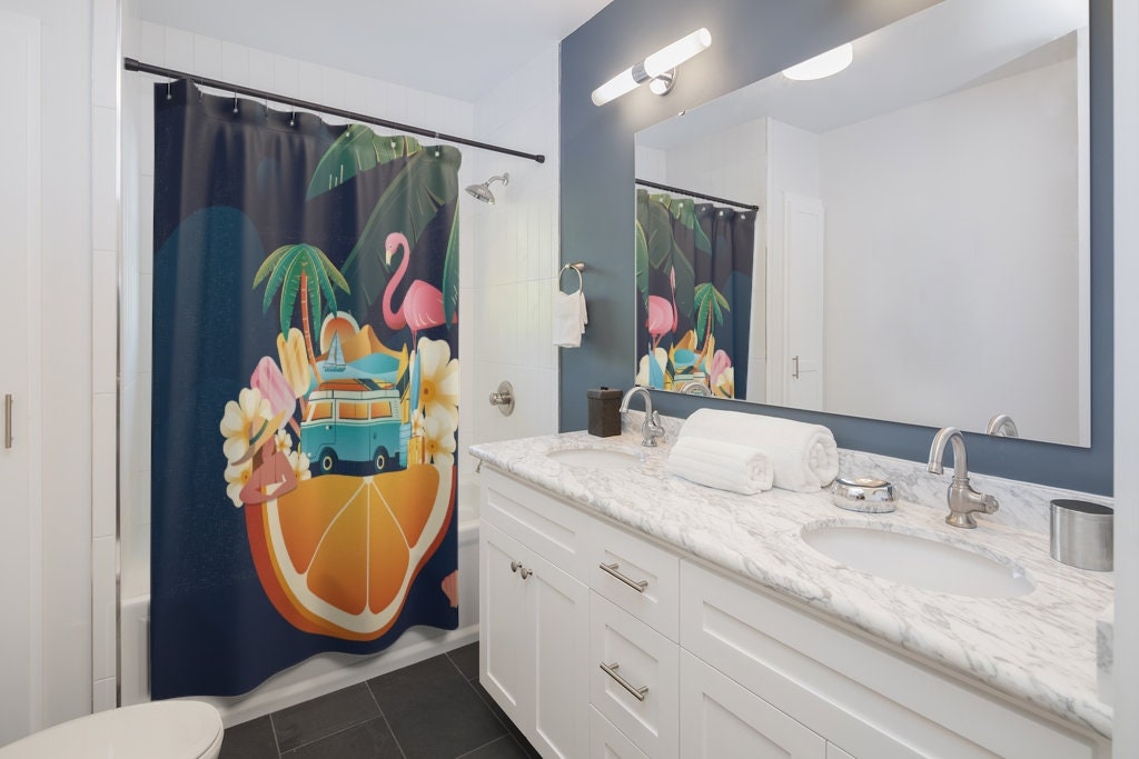 Dark Blue Lake House Flamingo Scene Shower Curtain For A Tranquil Bathroom