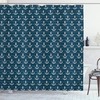 Dark Blue Marine Themed Symmetric Adventure Cottage Ship Boat Motif Anchor Pattern Nautical Shower Curtain