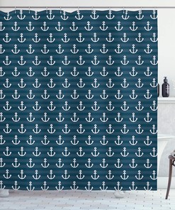 Dark Blue Marine Themed Symmetric Adventure Cottage Ship Boat Motif Anchor Pattern Nautical Shower Curtain