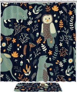 Dark Blue Owl Bear Animals Leaves Waterproof Shower Curtain For Kids Bathroom Decor