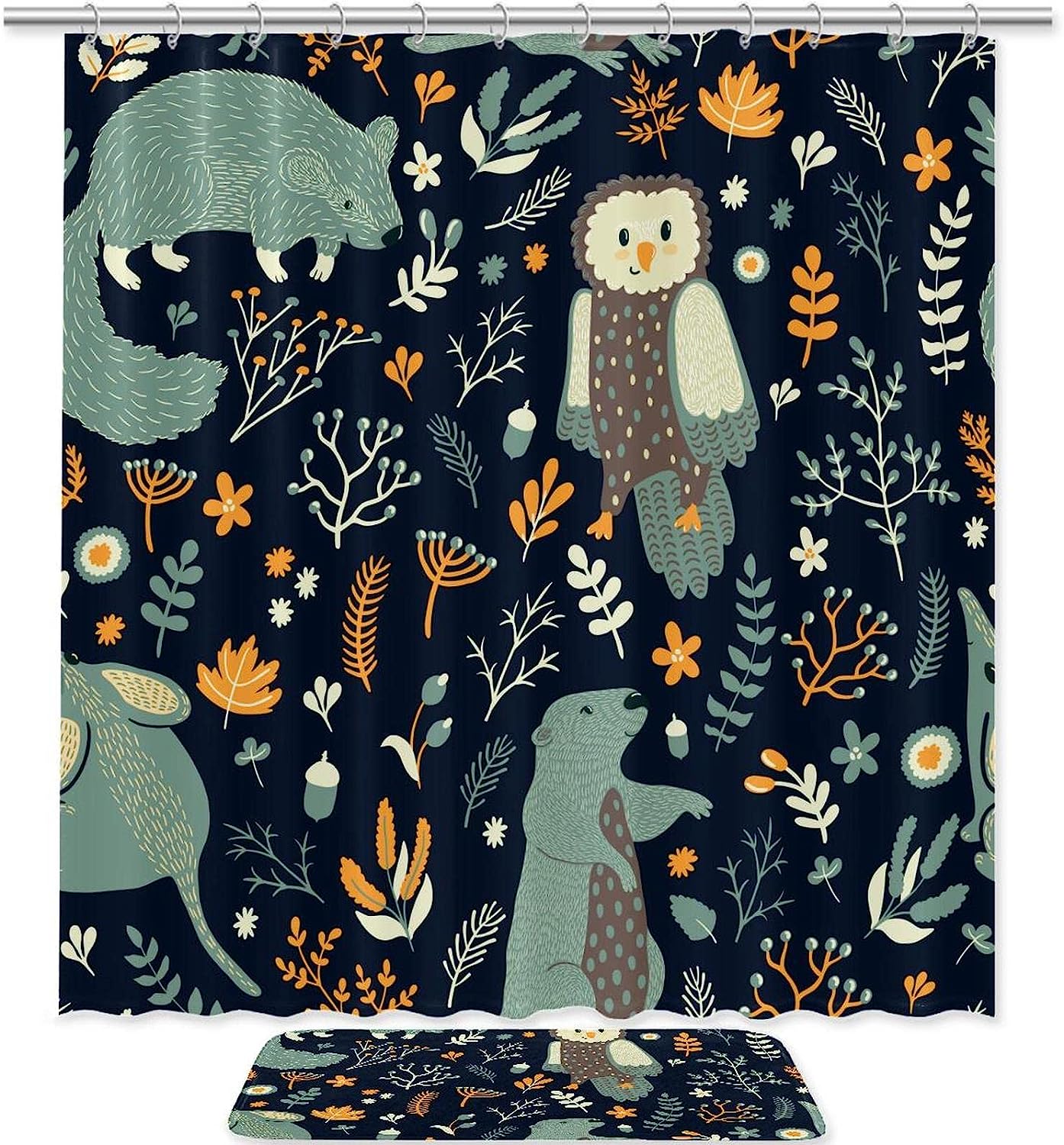 Dark Blue Owl Bear Animals Leaves Waterproof Shower Curtain For Kids Bathroom Decor