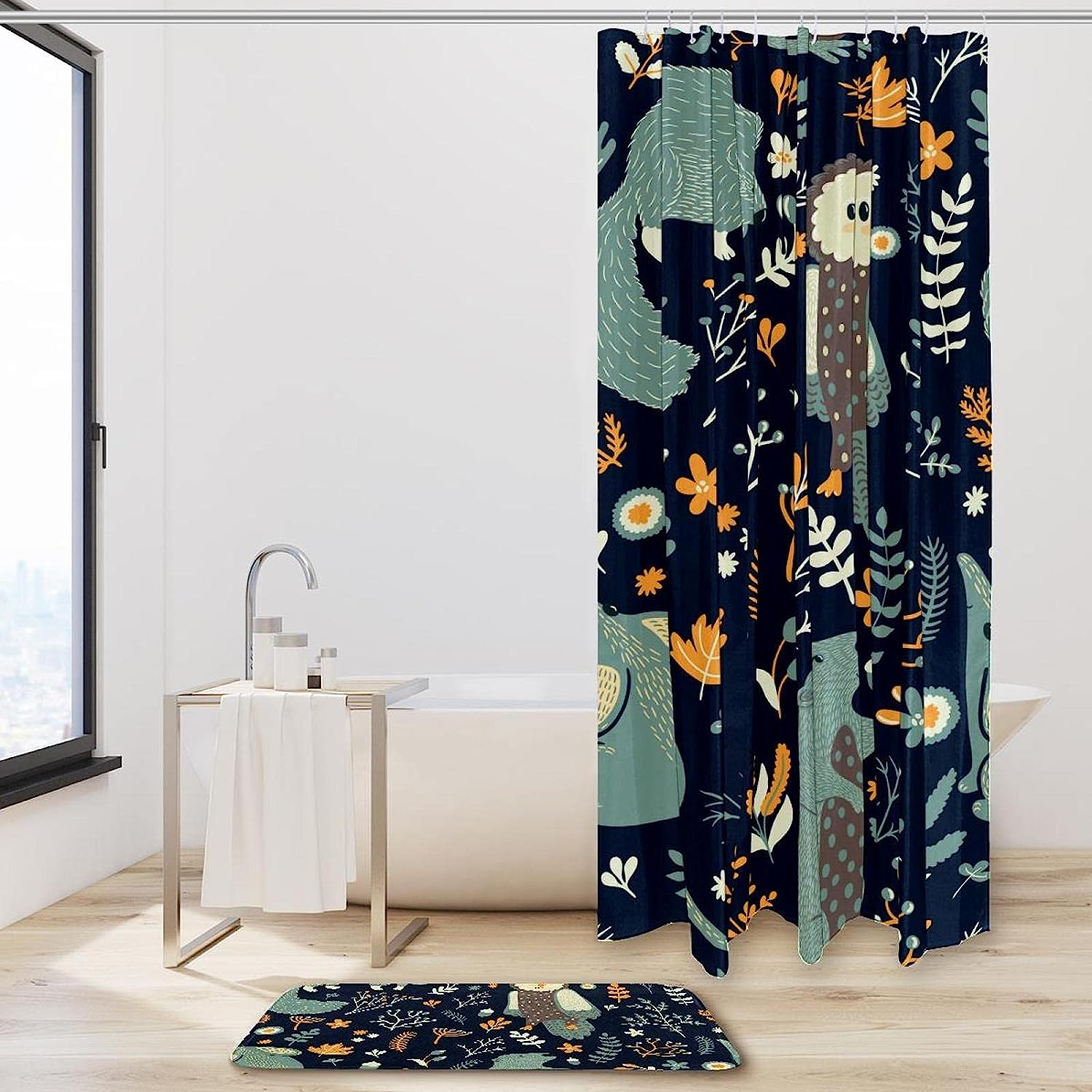 Dark Blue Owl Bear Animals Leaves Waterproof Shower Curtain For Kids Bathroom Decor - Image 2