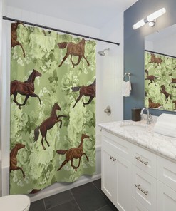 Dark Blue Shower Curtain with Running Horse and Olive Green Matching Set