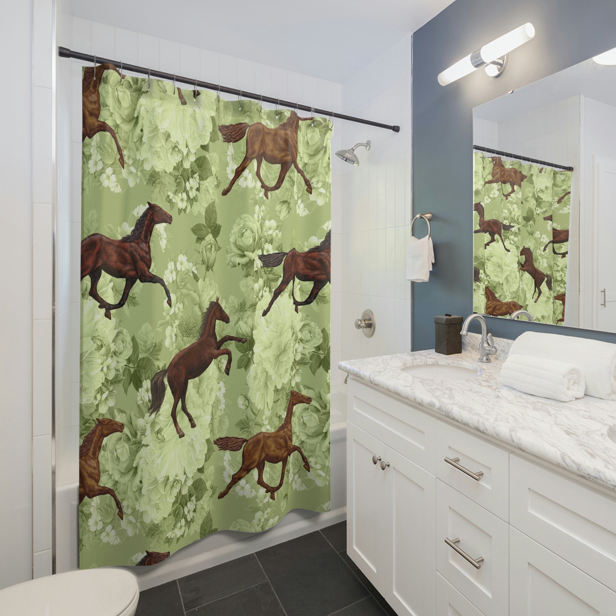 Dark Blue Shower Curtain with Running Horse and Olive Green Matching Set