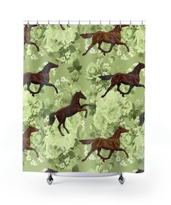 Dark Blue Shower Curtain with Running Horse and Olive Green Matching Set