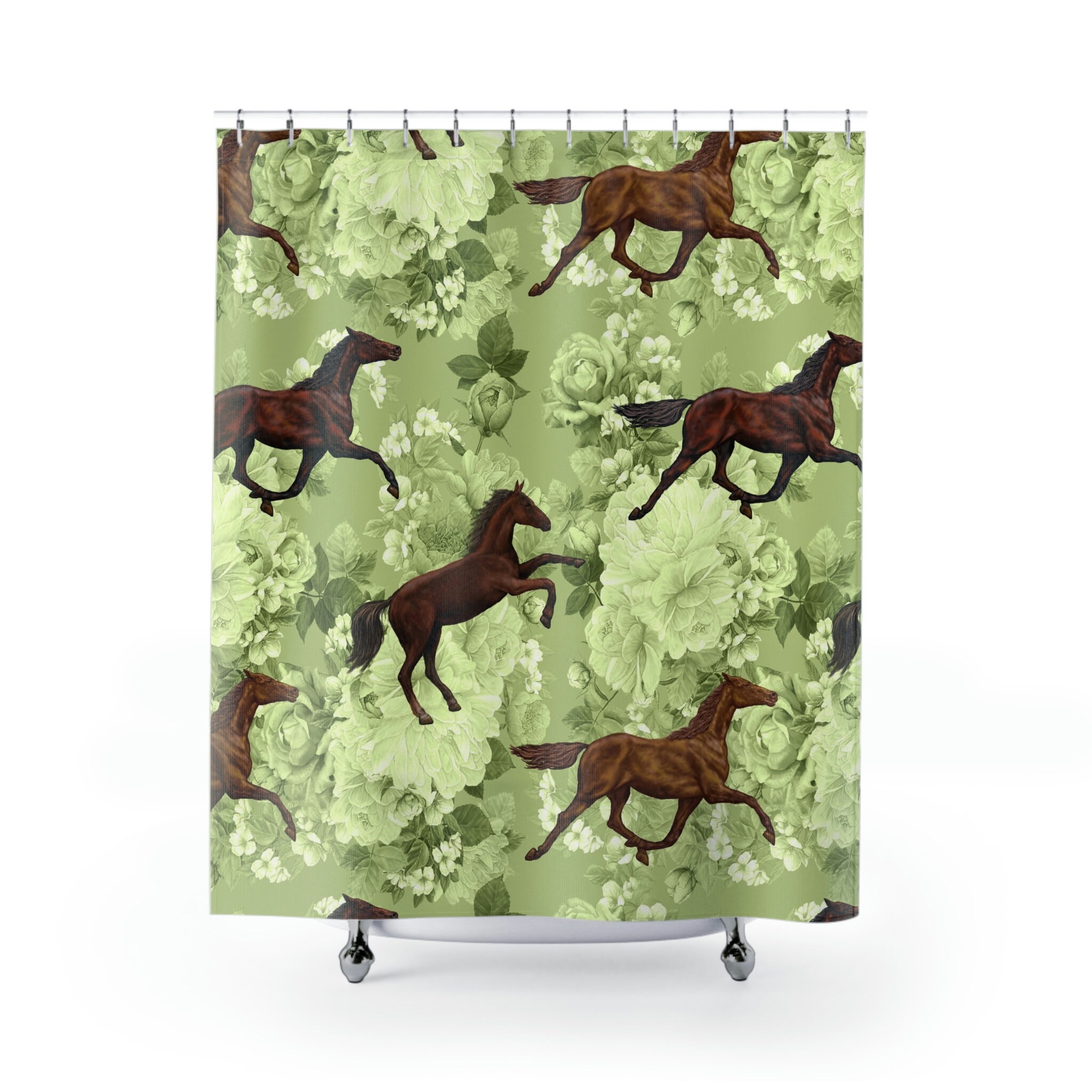Dark Blue Shower Curtain with Running Horse and Olive Green Matching Set