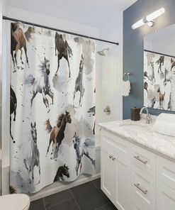 Dark Blue Shower Curtain with Running Horse and Olive Green Matching Set