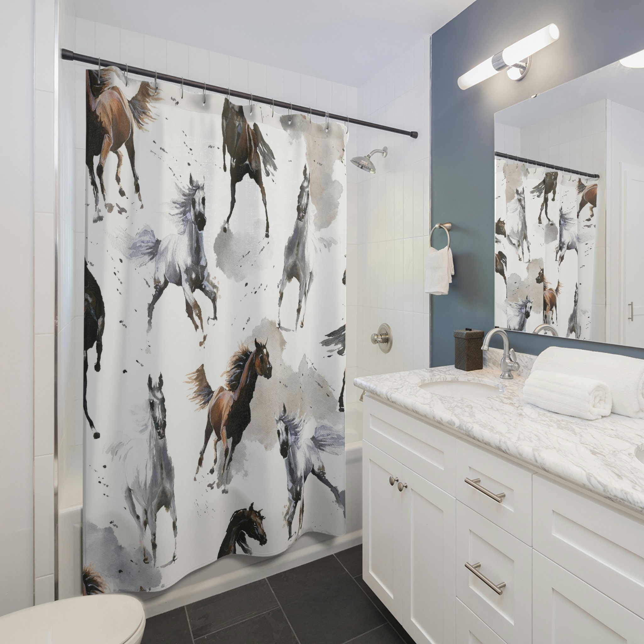 Dark Blue Shower Curtain with Running Horse and Olive Green Matching Set