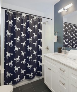 Dark Blue Shower Curtain with Running Horse and Olive Green Matching Set