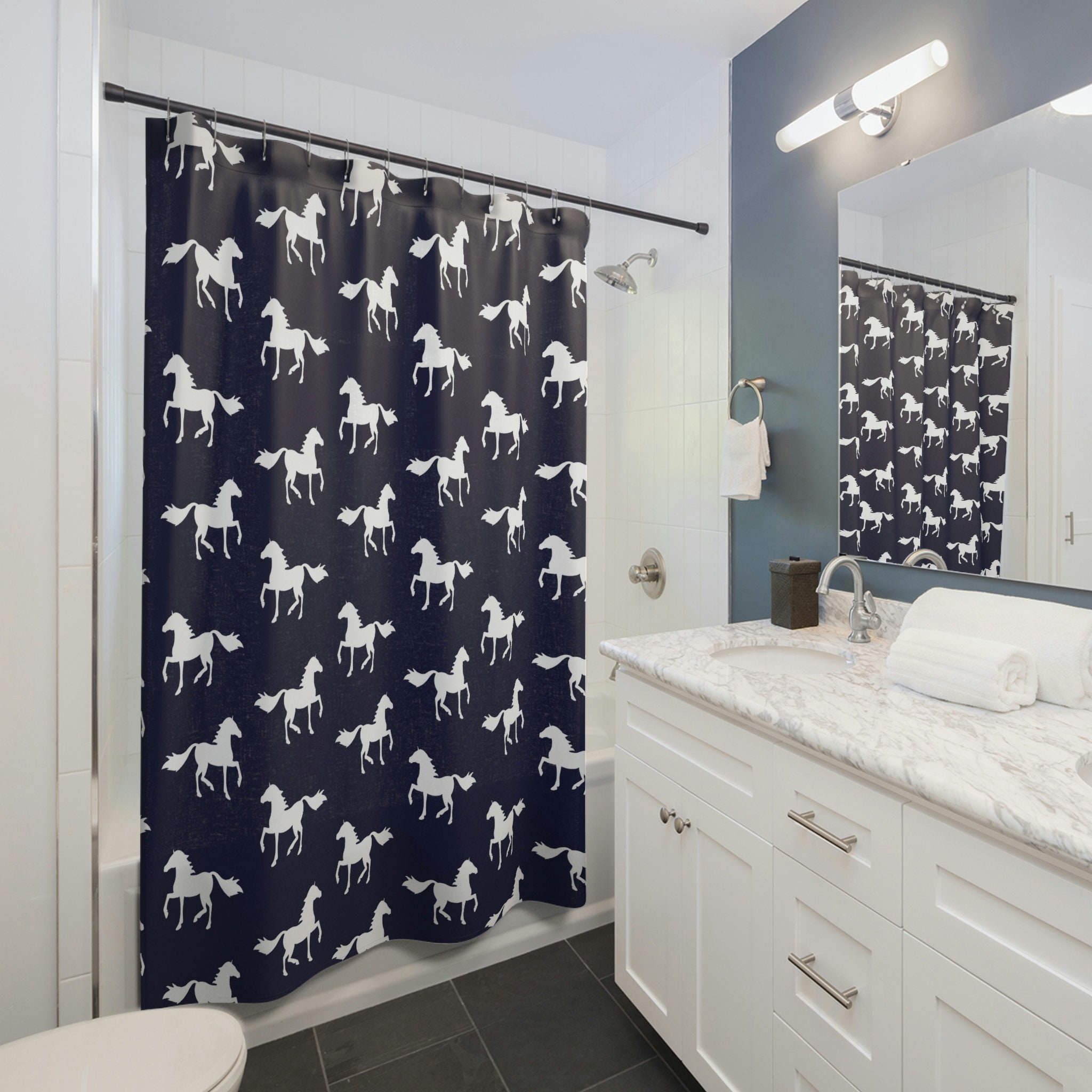 Dark Blue Shower Curtain with Running Horse and Olive Green Matching Set