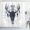 Dark Blue White Antler Shower Curtain, Tribal Vintage Grunge Deer Head Wild And Free Nature Inspirational Lettering