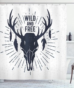 Dark Blue White Antler Shower Curtain, Tribal Vintage Grunge Deer Head Wild And Free Nature Inspirational Lettering