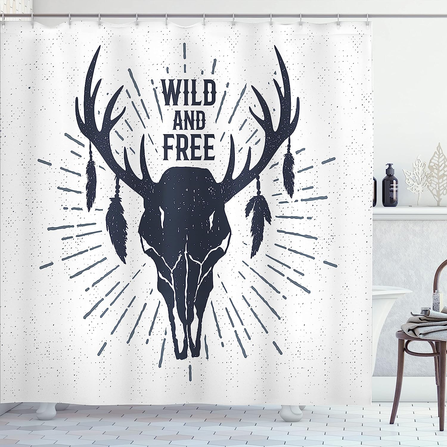 Dark Blue White Antler Shower Curtain, Tribal Vintage Grunge Deer Head Wild And Free Nature Inspirational Lettering