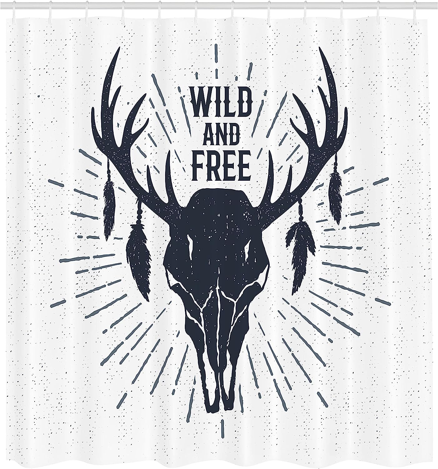Dark Blue White Antler Shower Curtain, Tribal Vintage Grunge Deer Head Wild And Free Nature Inspirational Lettering - Image 2