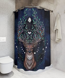 Dark Boho Celestial Deer Print Shower Curtain For Mystical Bathroom Decor