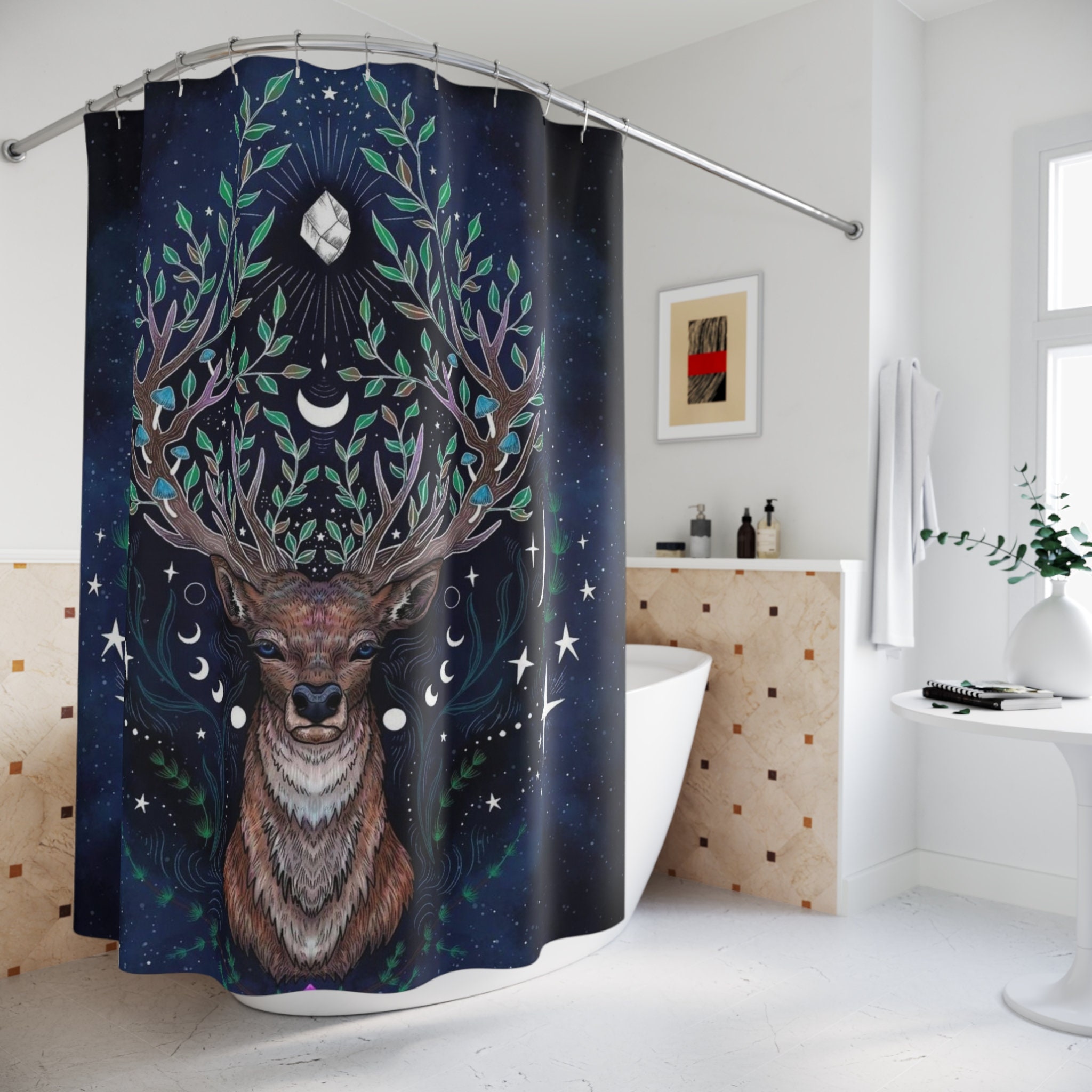 Dark Boho Celestial Deer Print Shower Curtain For Mystical Bathroom Decor - Image 3