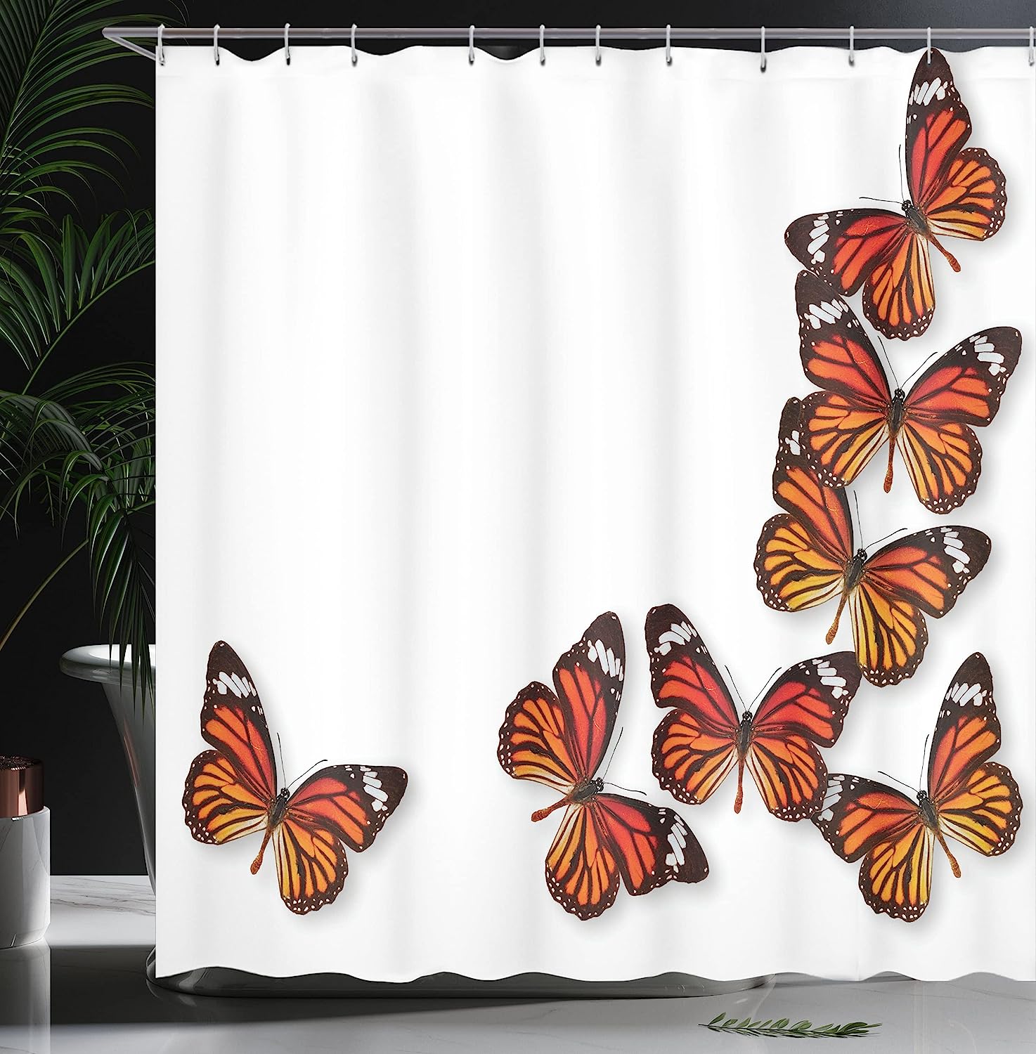 Dark Brown Marigold Monarch Butterfly Flying Frame Insect Weather Shower Curtain - Image 3