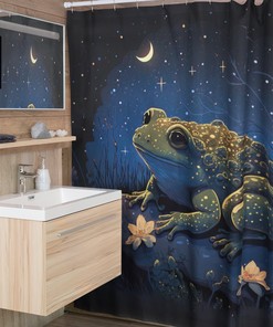 Dark Goblincore Shower Curtain with Toad, Frog, Stars and Moon Design