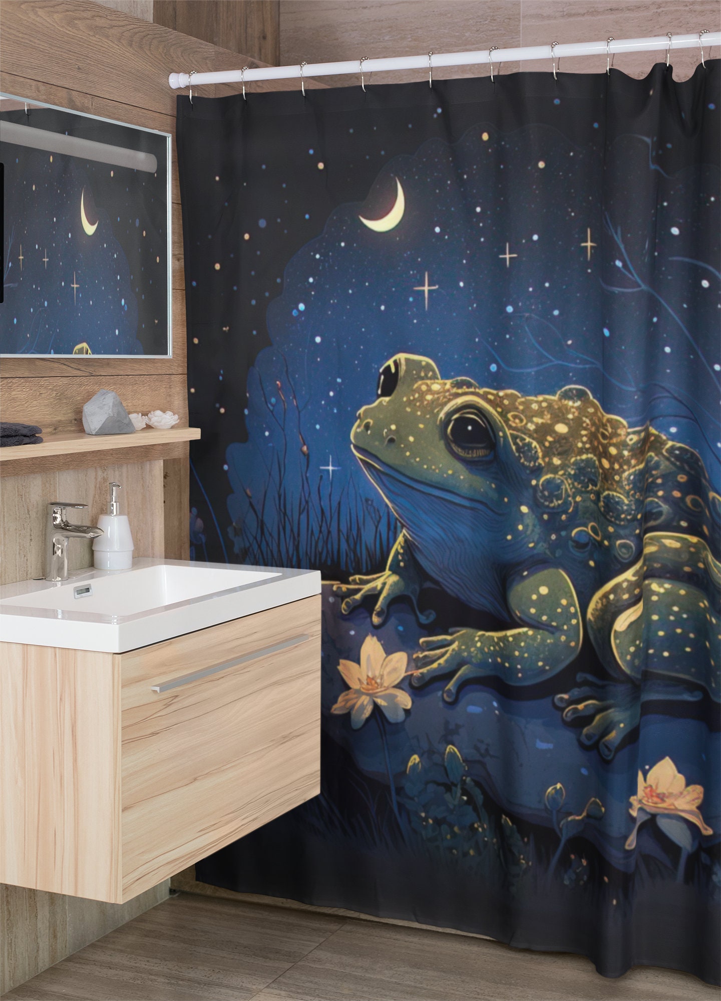 Dark Goblincore Shower Curtain with Toad, Frog, Stars and Moon Design