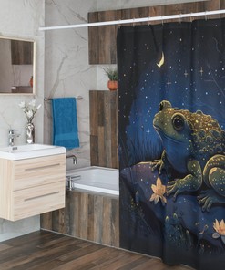 Dark Goblincore Shower Curtain with Toad, Frog, Stars and Moon Design
