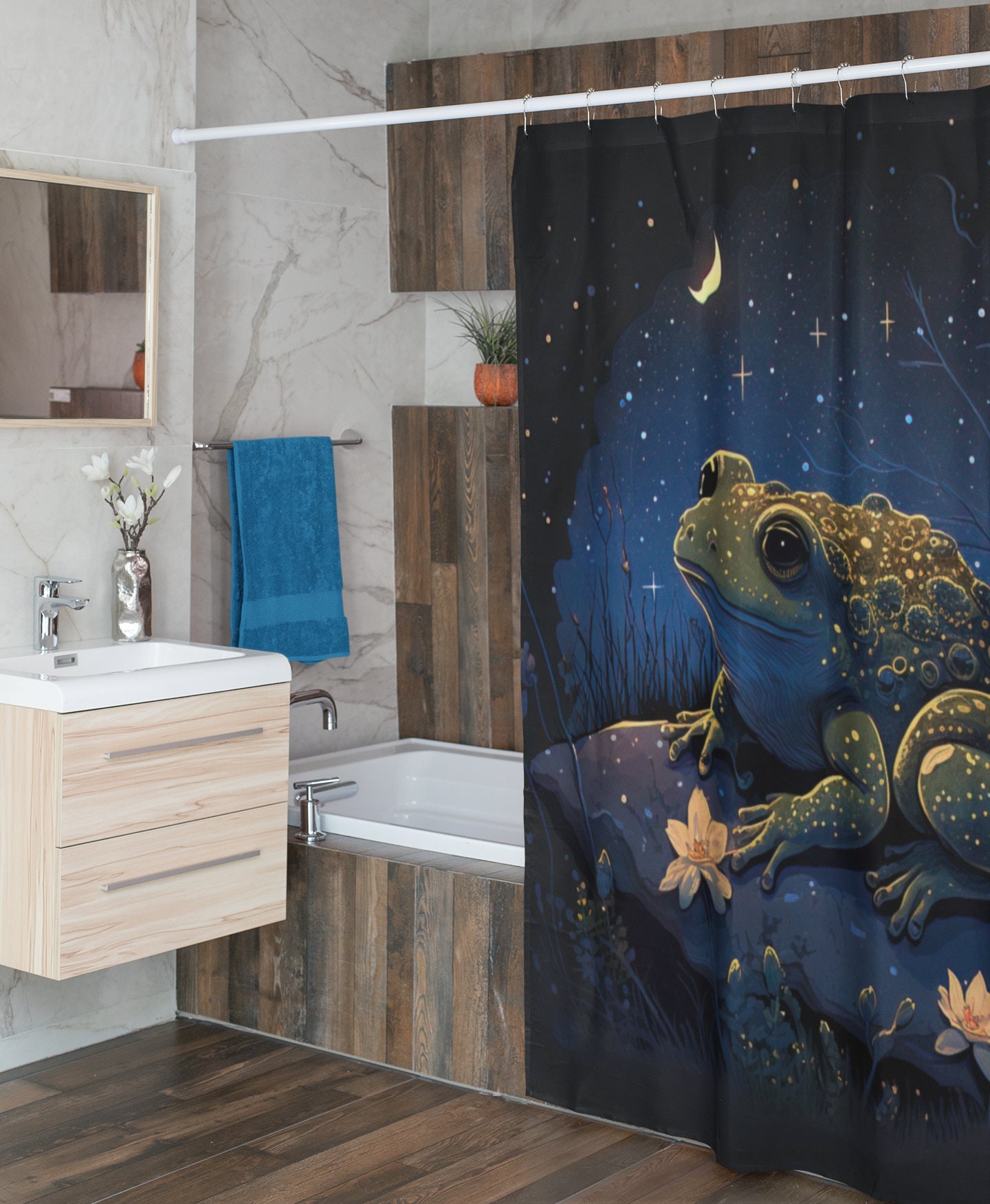 Dark Goblincore Shower Curtain with Toad, Frog, Stars and Moon Design