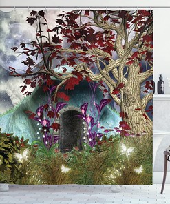 Dark Gothic Themed Scene With Secret Cave Moon Shower Curtain, Magic Tree Illustration Cloth Fabric Bathroom Decors