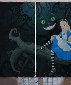 Dark Green Alice In Wonderland Curtains With Cheshire Cat Cartoon Style - Living Room Bedroom Window Drapes Set