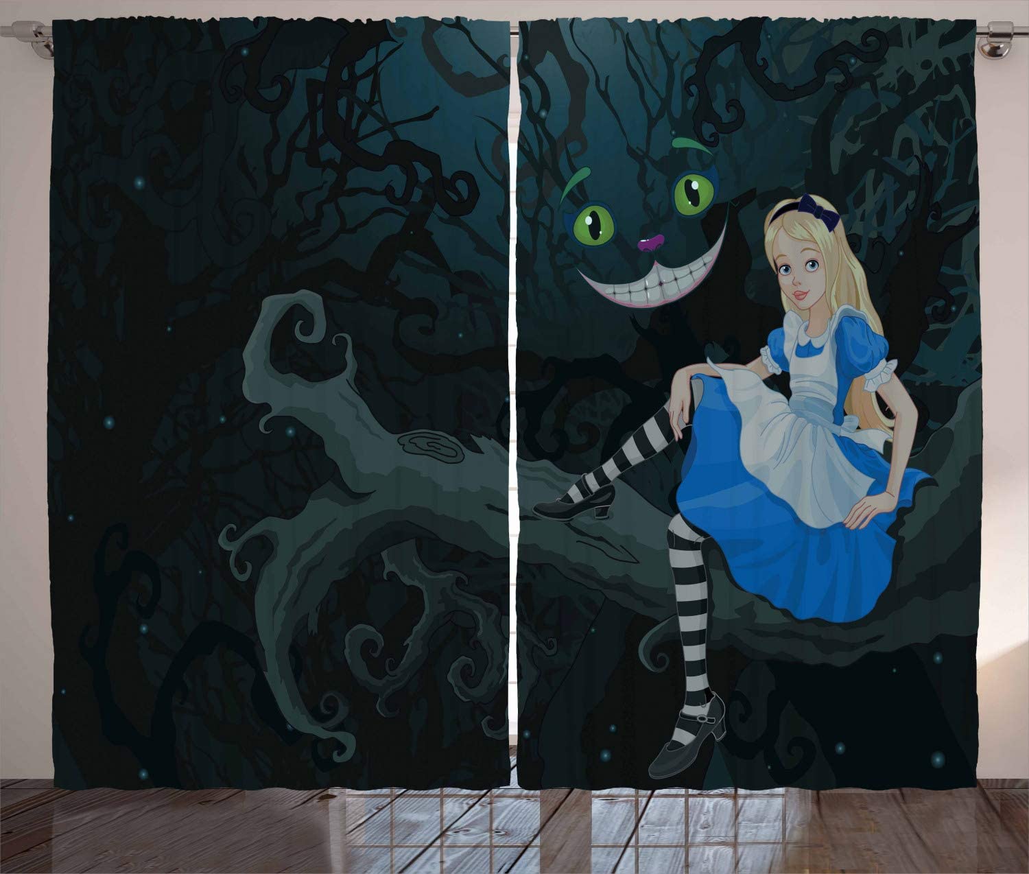 Dark Green Alice In Wonderland Curtains With Cheshire Cat Cartoon Style - Living Room Bedroom Window Drapes Set