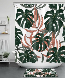 Dark Green Brown Tropical Palm Leaves Shower Curtain for Bathroom Decor