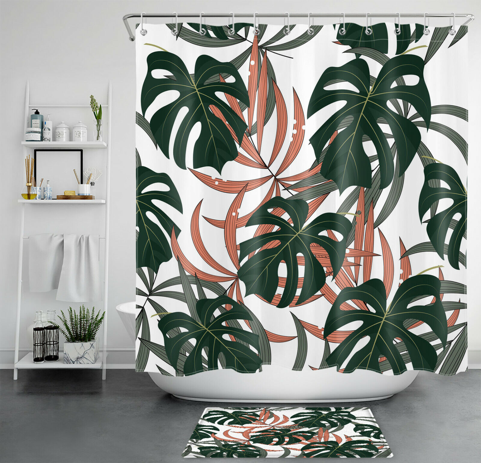 Dark Green Brown Tropical Palm Leaves Shower Curtain for Bathroom Decor