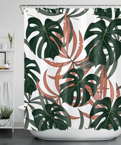 Dark Green Brown Tropical Palm Leaves Shower Curtain for Bathroom Decor