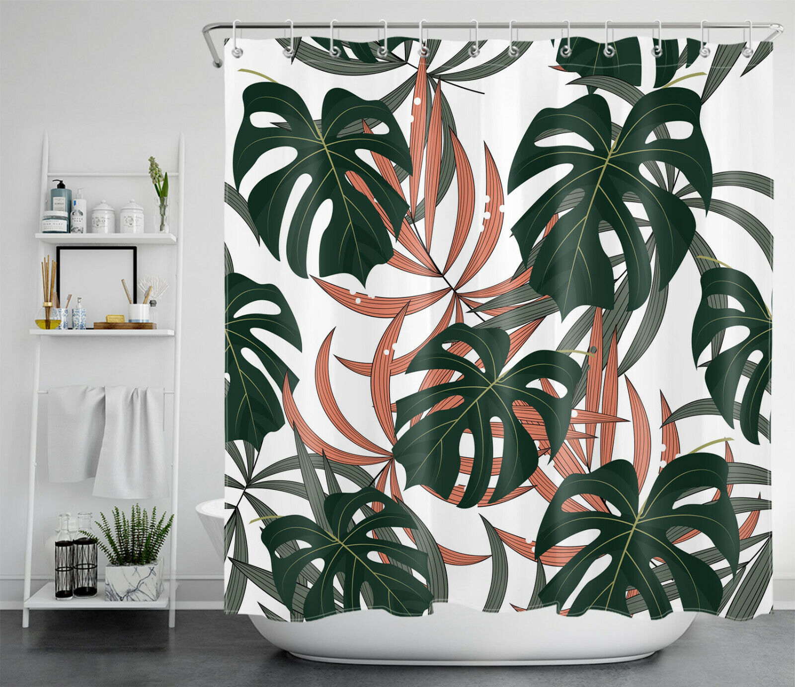 Dark Green Brown Tropical Palm Leaves Shower Curtain for Bathroom Decor