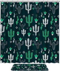 Dark Green Cactus Waterproof Bathroom Curtain For Southwestern Bathroom Decor