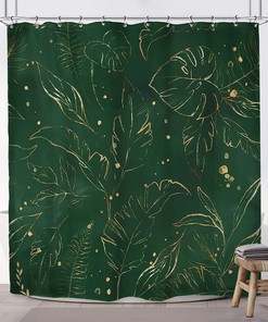 Dark Green Gold Abstract Shower Curtain with Tropical Palm Leaves, Boho Botanical Minimalist Bathroom Decor 