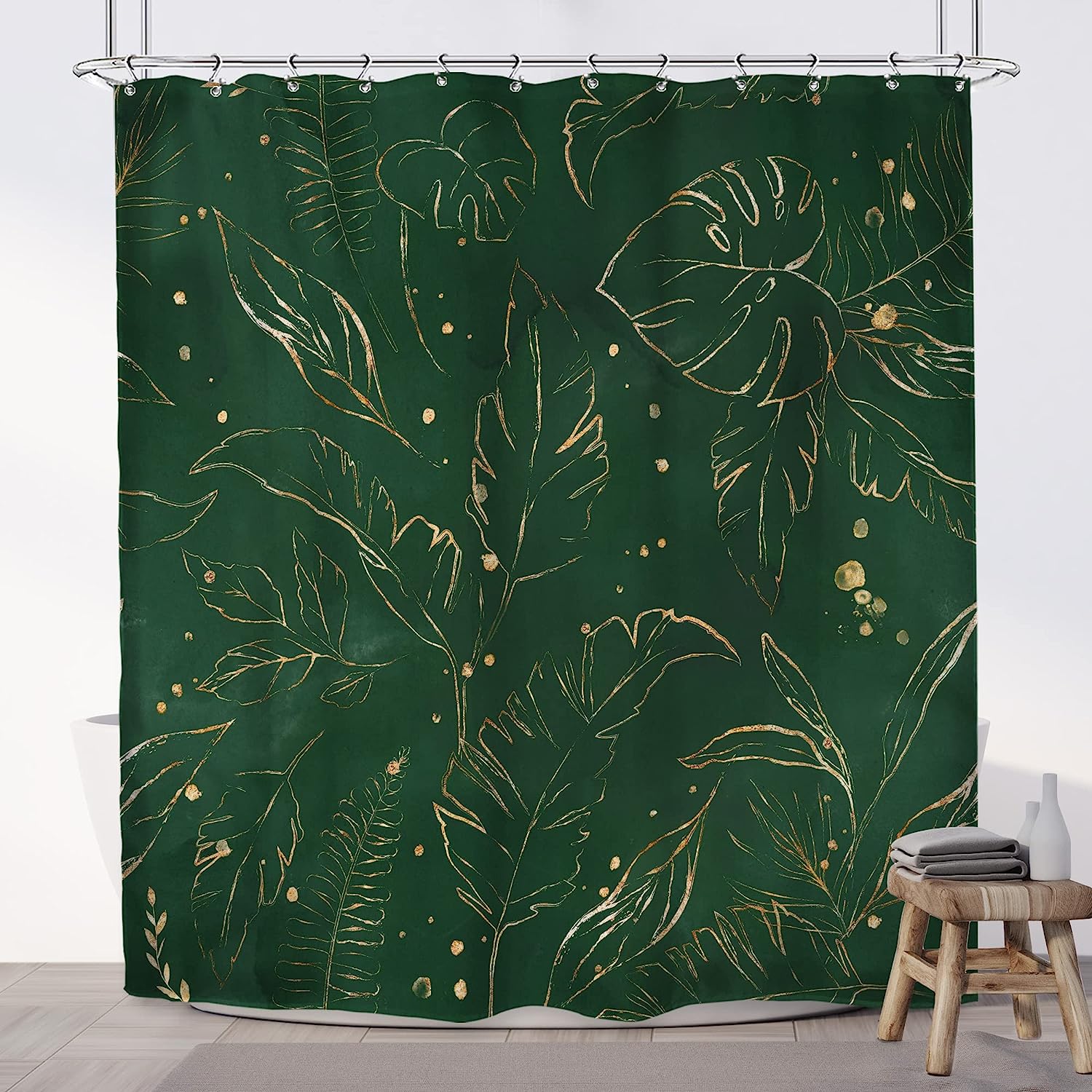 Dark Green Gold Abstract Shower Curtain with Tropical Palm Leaves, Boho Botanical Minimalist Bathroom Decor