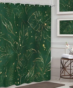 Dark Green Gold Abstract Shower Curtain with Tropical Palm Leaves, Boho Botanical Minimalist Bathroom Decor
