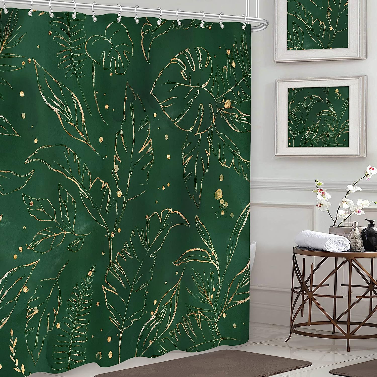 Dark Green Gold Abstract Shower Curtain with Tropical Palm Leaves, Boho Botanical Minimalist Bathroom Decor