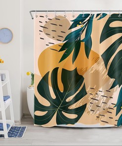 Dark Green Monstera Orange Color Block Shower Curtain - LB Tropical Palm Leaf Modern Mid Century Bath Decor