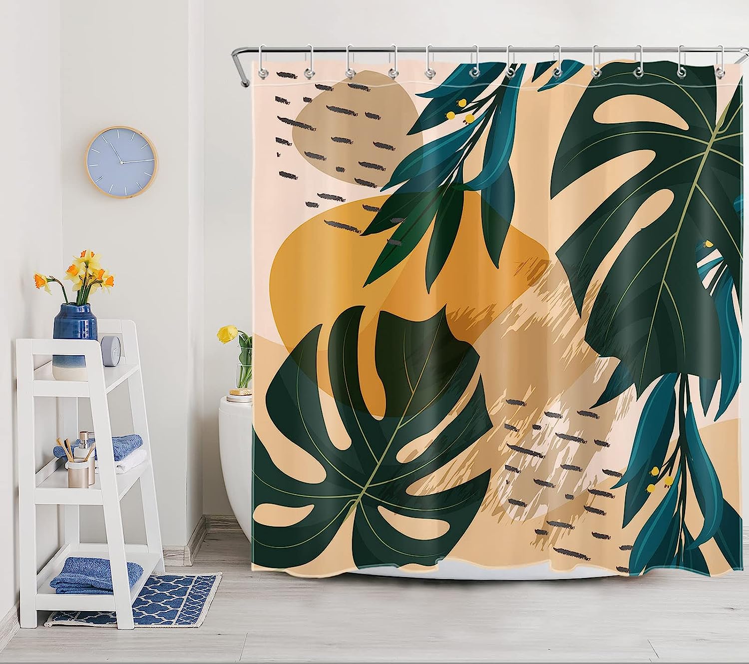 Dark Green Monstera Orange Color Block Shower Curtain - LB Tropical Palm Leaf Modern Mid Century Bath Decor