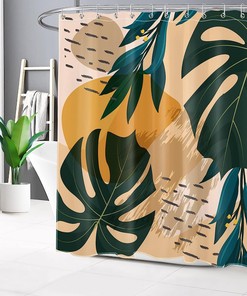 Dark Green Monstera Orange Color Block Shower Curtain - LB Tropical Palm Leaf Modern Mid Century Bath Decor
