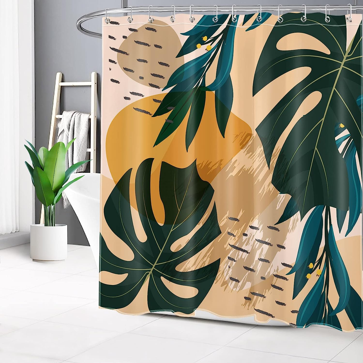 Dark Green Monstera Orange Color Block Shower Curtain - LB Tropical Palm Leaf Modern Mid Century Bath Decor