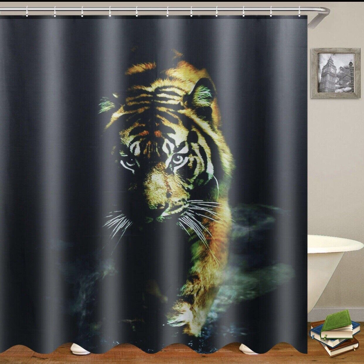 Dark Green Tiger Print Shower Curtain - Unique Animal Print Bathroom Decor
