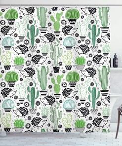 Dark Grey Green Cartoon Style Inspired Drawing Of Hedgehog Animals Saguaro And Prickly Pear Shower Curtain