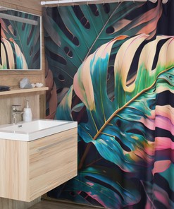 Dark Monstera Leaf Shower Curtain: Refreshing Tropical Bathroom Decor for a Boho Chic Staycation