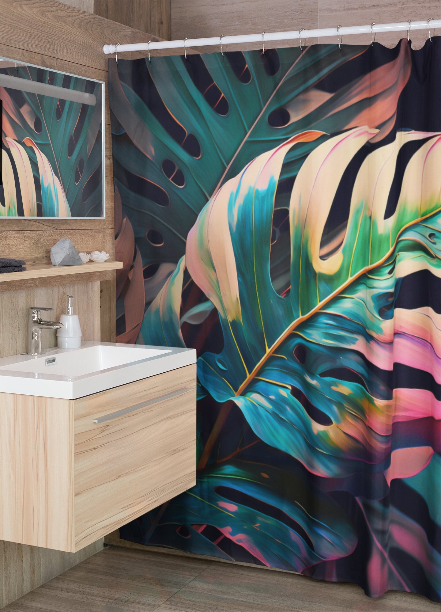 Dark Monstera Leaf Shower Curtain: Refreshing Tropical Bathroom Decor for a Boho Chic Staycation